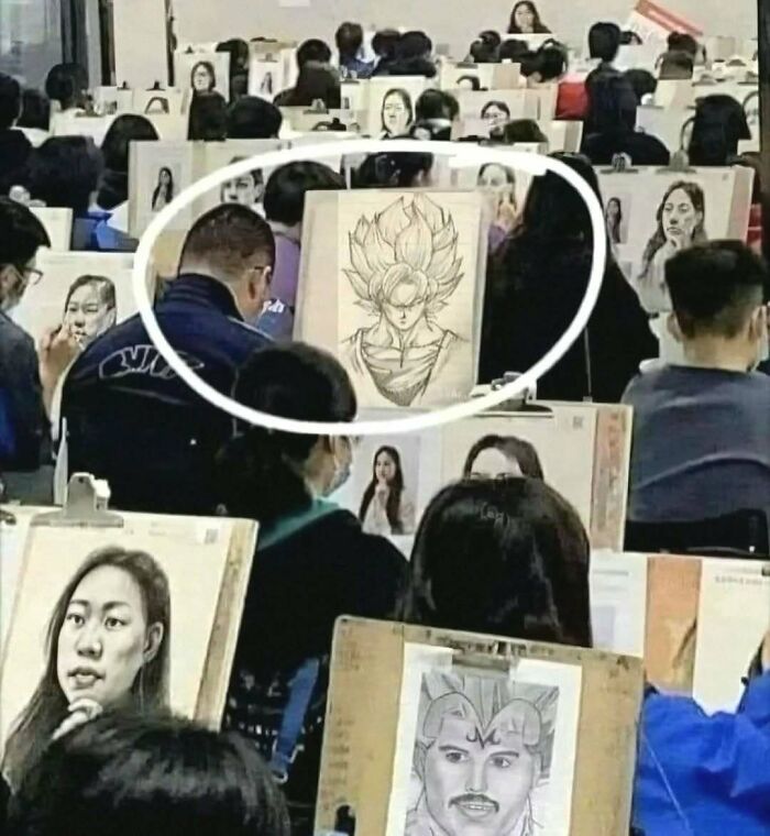Hilarious pics of a student sketching Goku in an art class full of realistic portraits