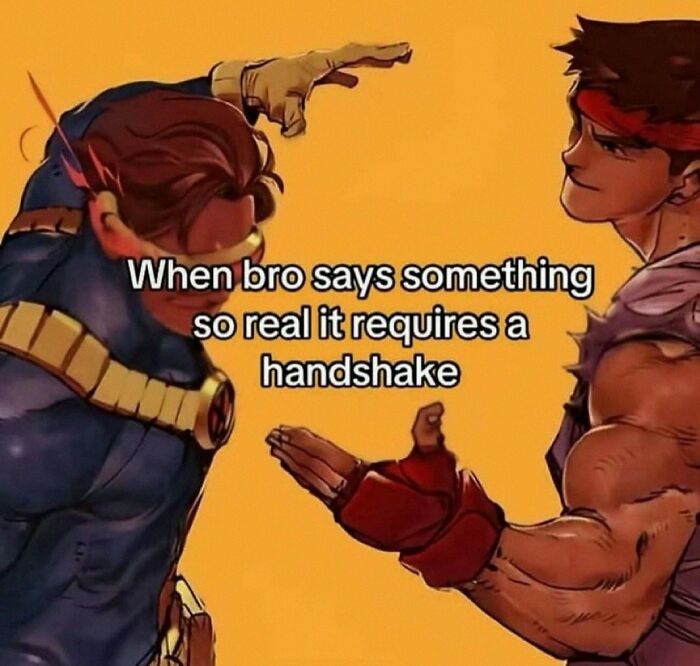 Hilarious pics of Cyclops and Ryu about to shake hands in an illustration.