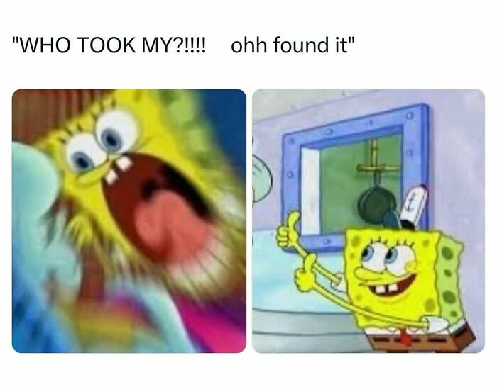 SpongeBob meme with a frantic face and then happily finding a missing item