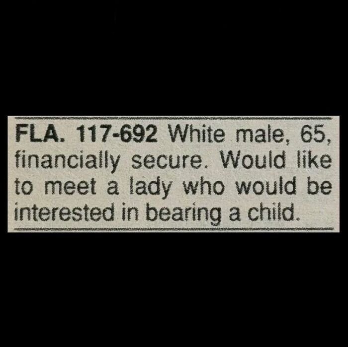 A short vintage personal ad from the past printed in a newspaper seeking a partner to start a family.