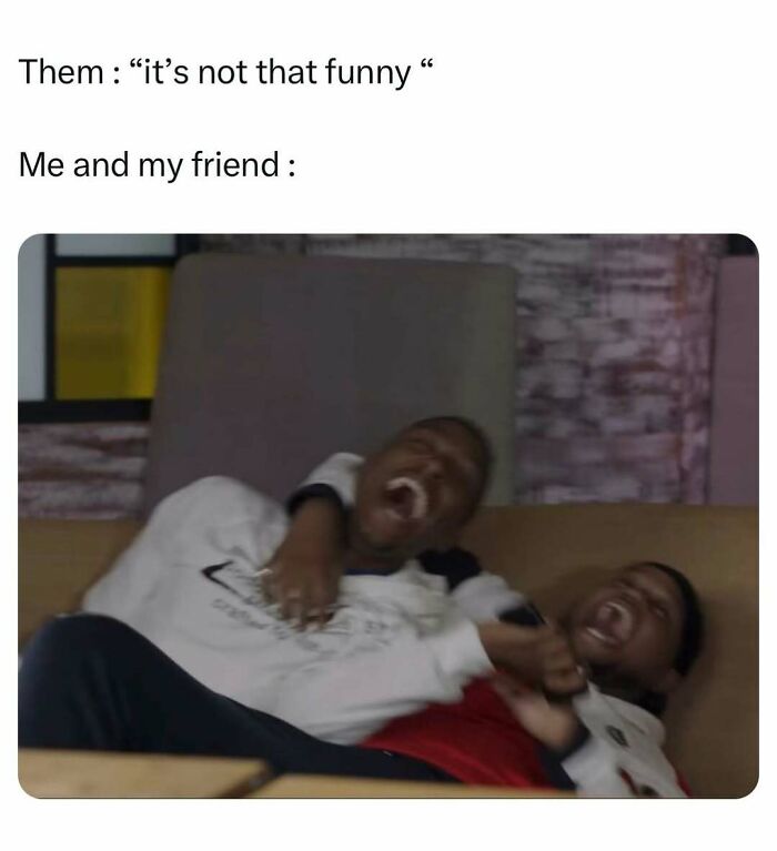 Two friends laughing hard at a joke about a meme not being funny