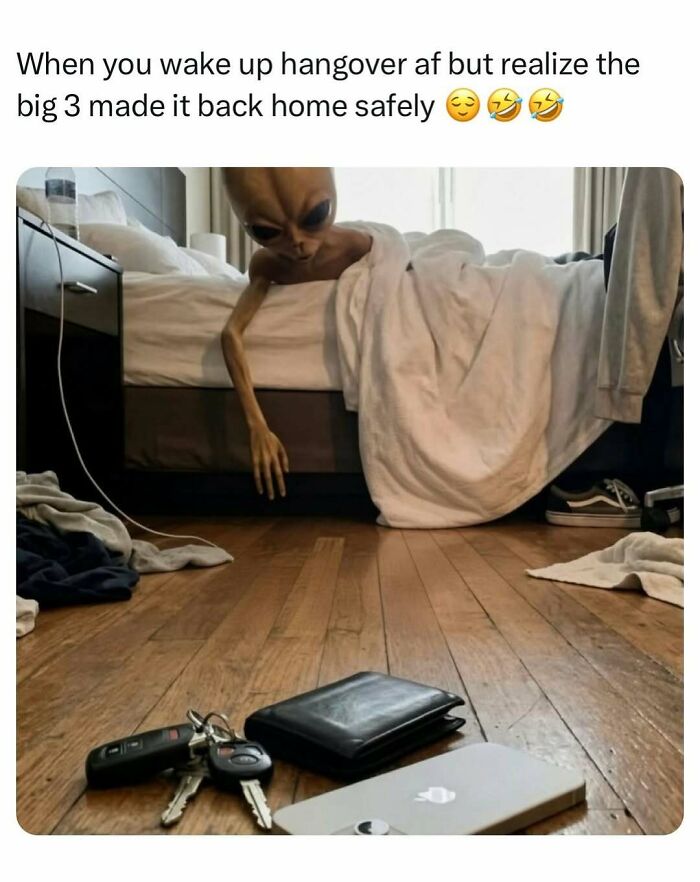 Hangover meme featuring an alien lying in bed relieved the big three made it home safely