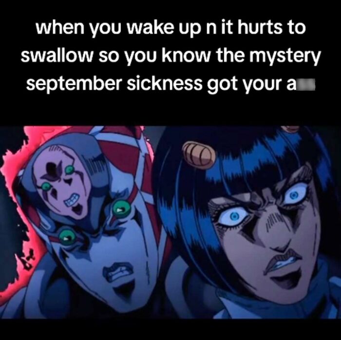 Anime-style meme depicting shock at waking up with a sore throat, perfect for fans of dark sense of humor.