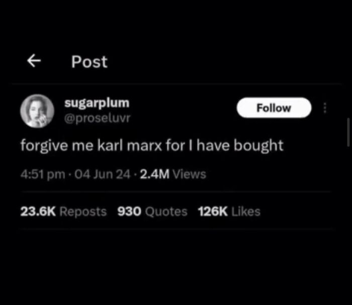 Social media post meme referencing Karl Marx with humorous tone