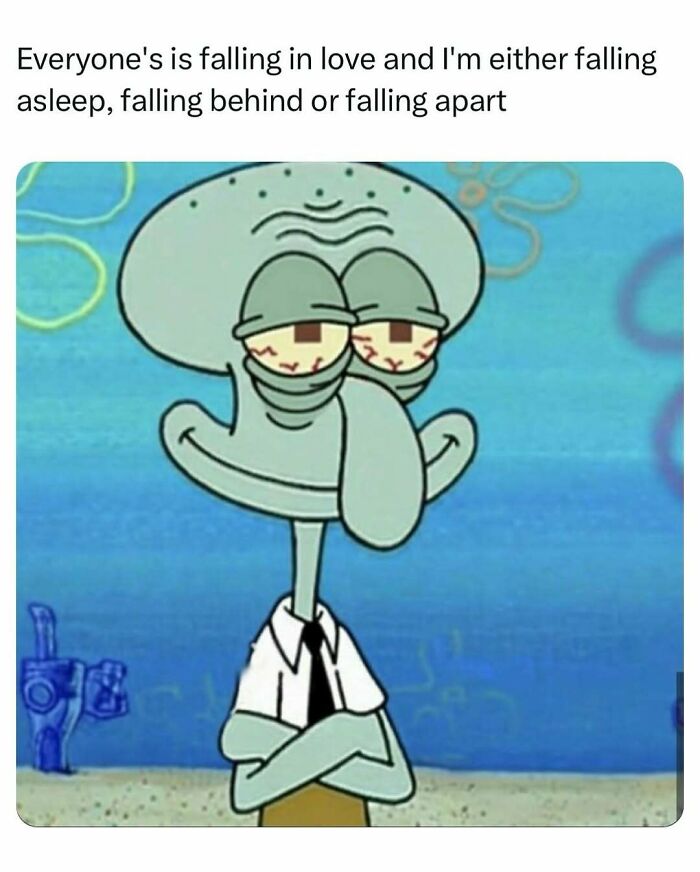 Tired Squidward meme about falling asleep and life struggles