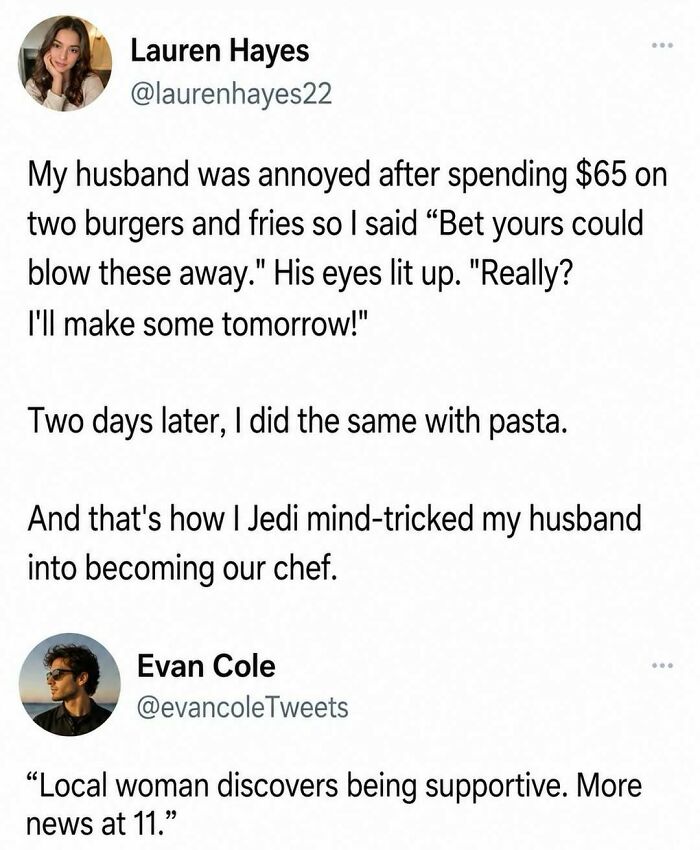 Entertaining post about tricking a husband into cooking meals.