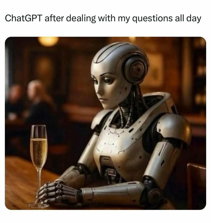 Robot sitting with drink representing ChatGPT tired after questions meme