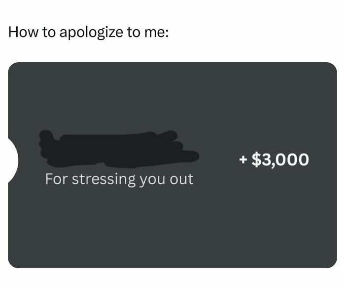 Apology meme showing a $3000 charge for stressing someone out