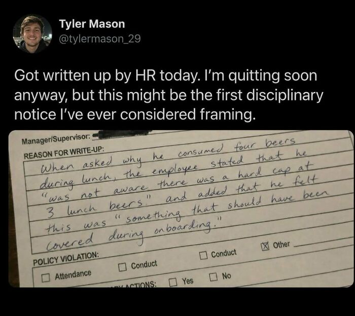 Entertaining post showing an HR write-up for drinking four beers during lunch