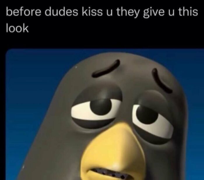Cartoon bird giving a tired look before a kiss in relatable meme