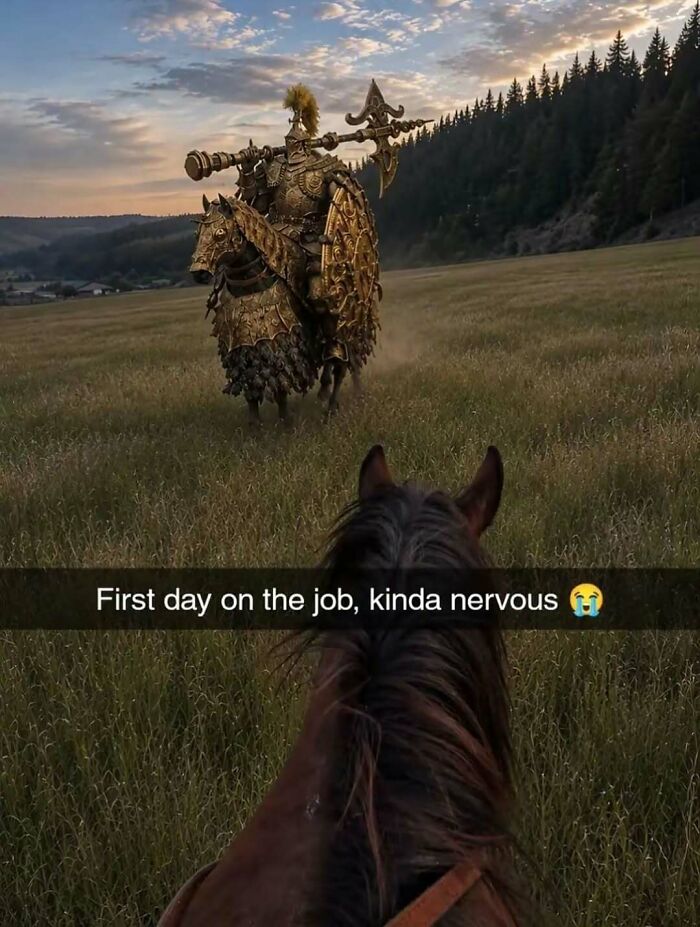Hilarious gaming meme featuring a golden knight on horseback, capturing funny sense of humor.