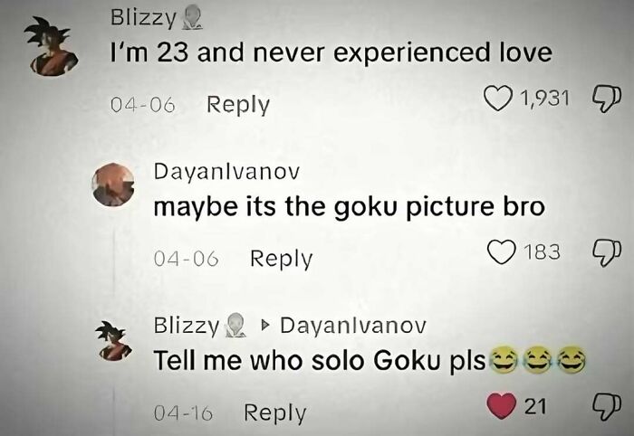 Humorous social media comment meme about Goku and relationships, perfect for internet humor fans.