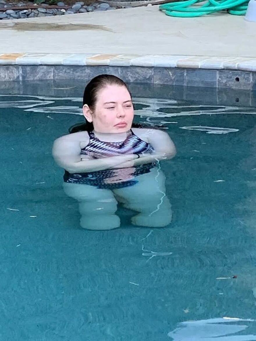 Out-of-context pics showing an optical illusion of a woman floating in a pool.