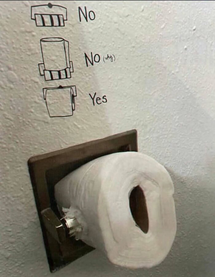Toilet paper roll placed incorrectly under wall drawings in a list of amusing posts