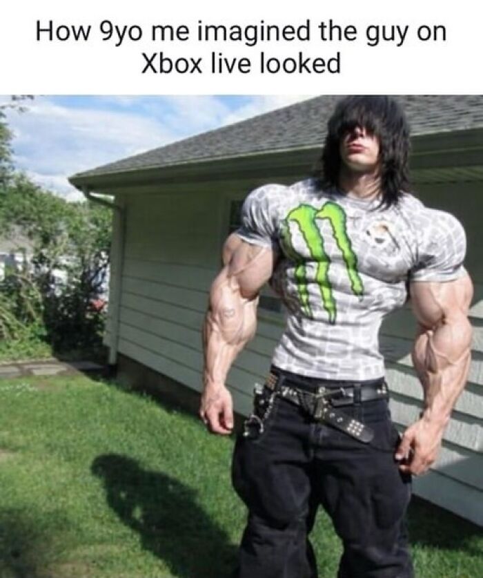 Meme showing exaggerated muscular man as imagined Xbox Live player