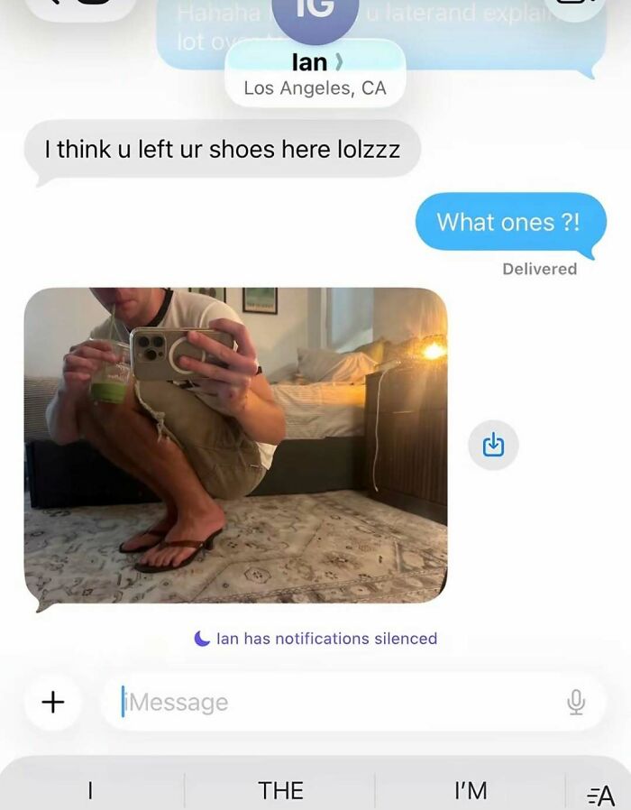 A screenshot of a text conversation where a man is wearing kitten heels while holding a green drink