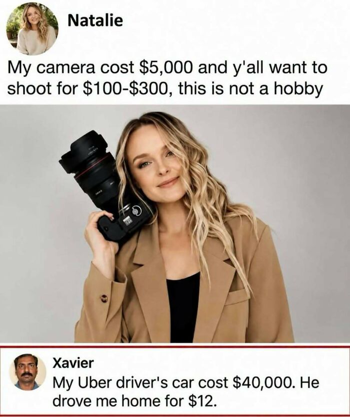 Entertaining posts meme featuring a photographer with expensive camera gear and a funny comment about Uber driver costs