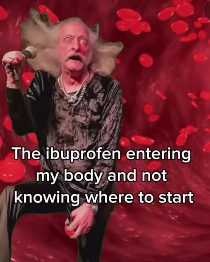 Funny meme about ibuprofen confusion with man and red blood cells