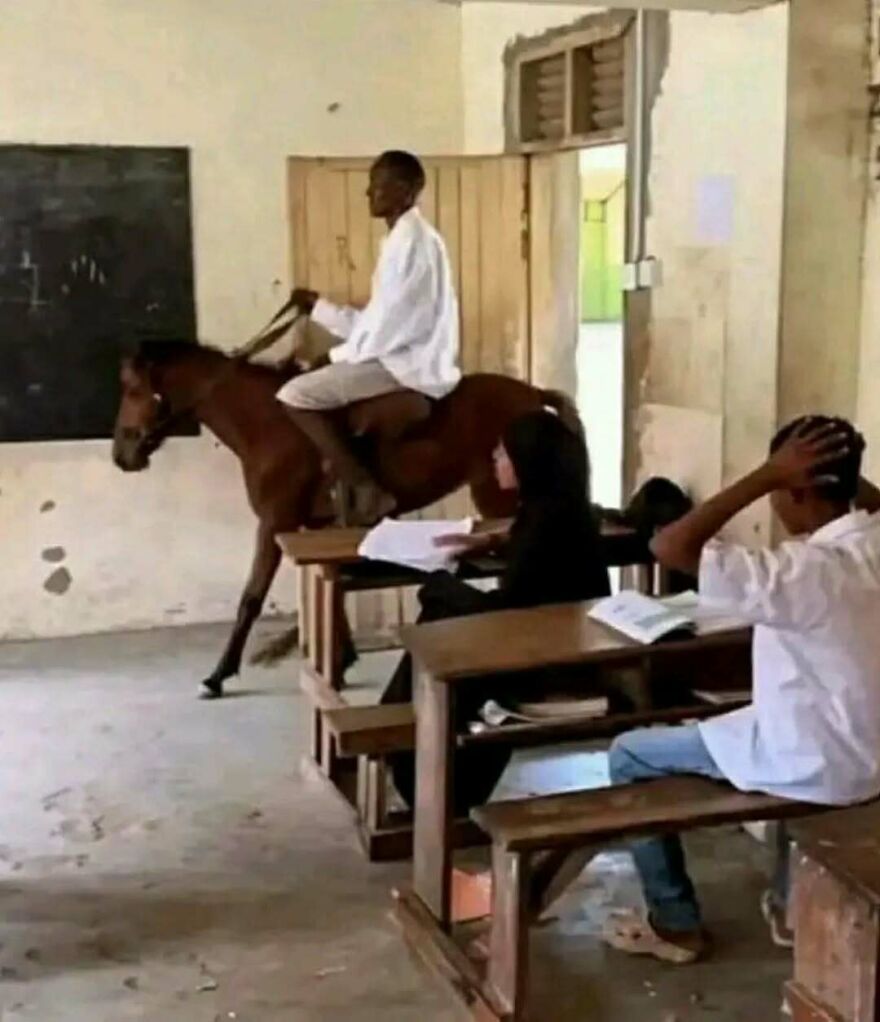 Out-of-context pics showing a person riding a horse inside a classroom past seated students