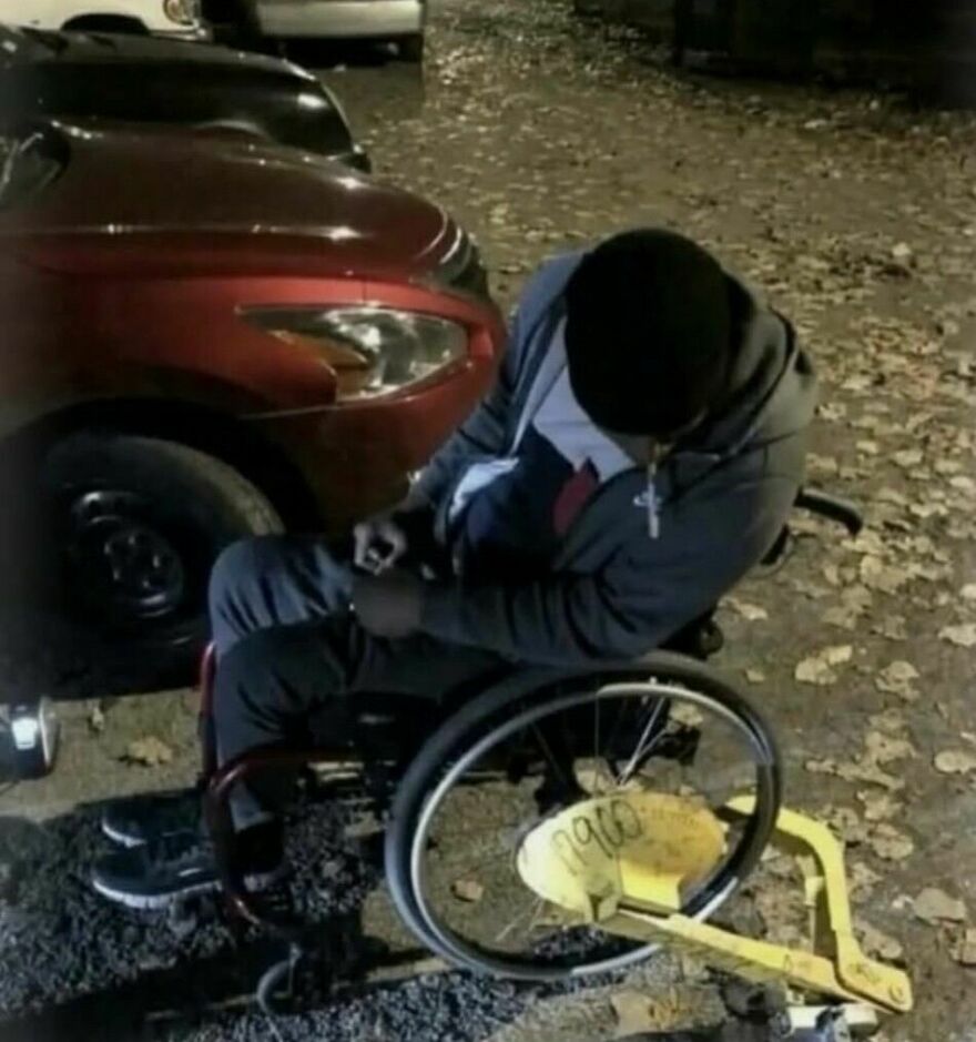 A funny moment showing a wheelchair clamped with a yellow boot in these out-of-context pics.