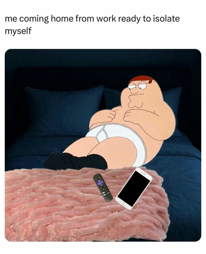 Cartoon character lying in bed ready to isolate after work meme