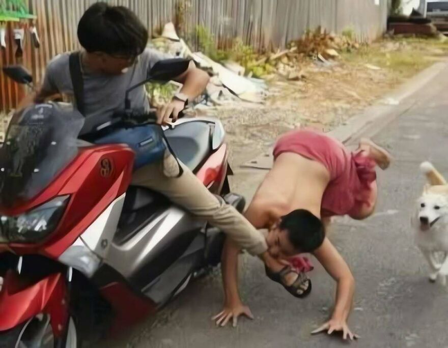 A chaos-filled moment showing a person on a scooter and someone biting a foot in out-of-context pics.