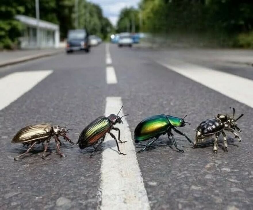 Out-of-context pics of four large metallic beetles walking across a road like Abbey Road album cover.
