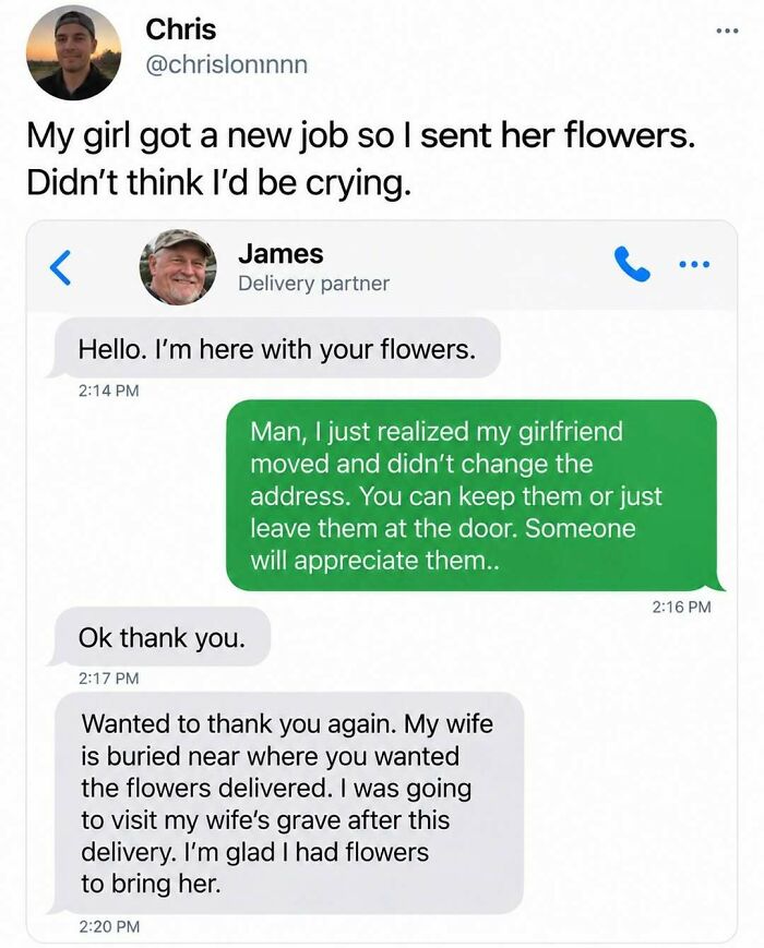 Text messages between a delivery driver and customer, showing a touching exchange and silly posts vibe