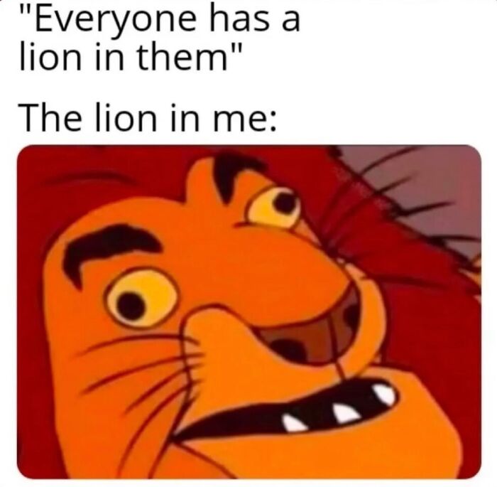 Hilariously relatable memes featuring a derpy, cross-eyed Mufasa lion face with funny caption about inner strength.