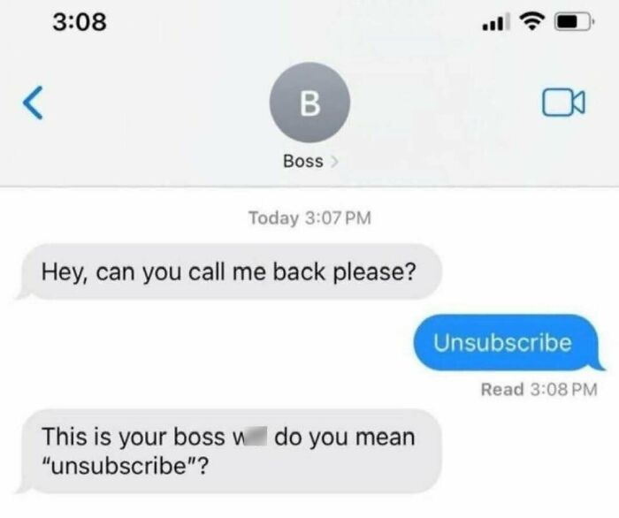 Funny relatable meme showing a text reply saying unsubscribe to boss's call request