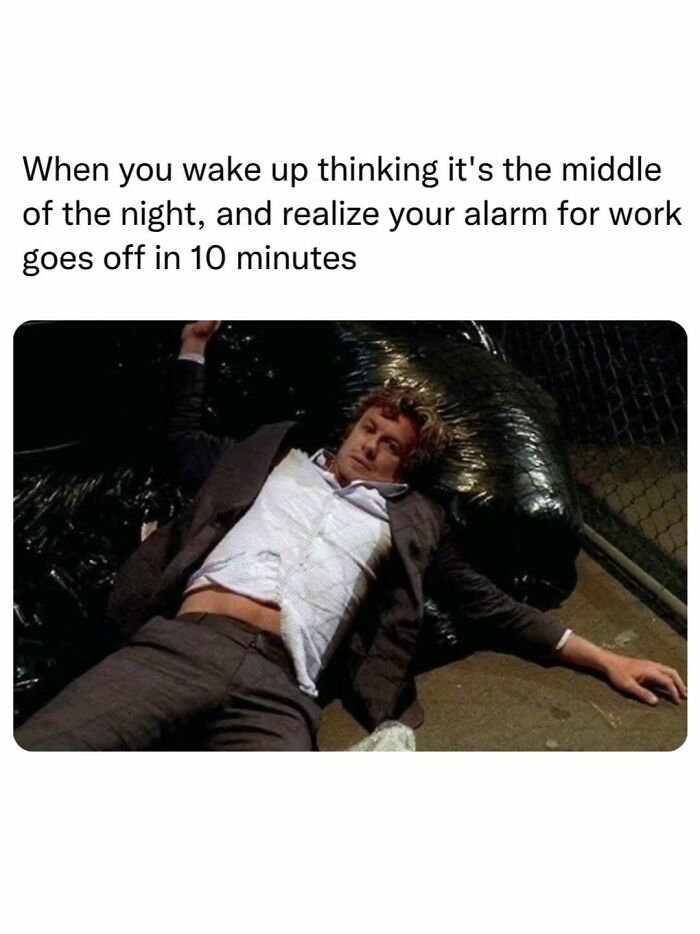 Tired man on the floor meme about early alarms, a funny choice for sending memes to friends.