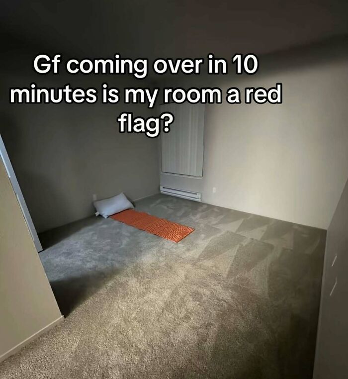 An empty room with only a sleeping pad as part of funny memes about room setups