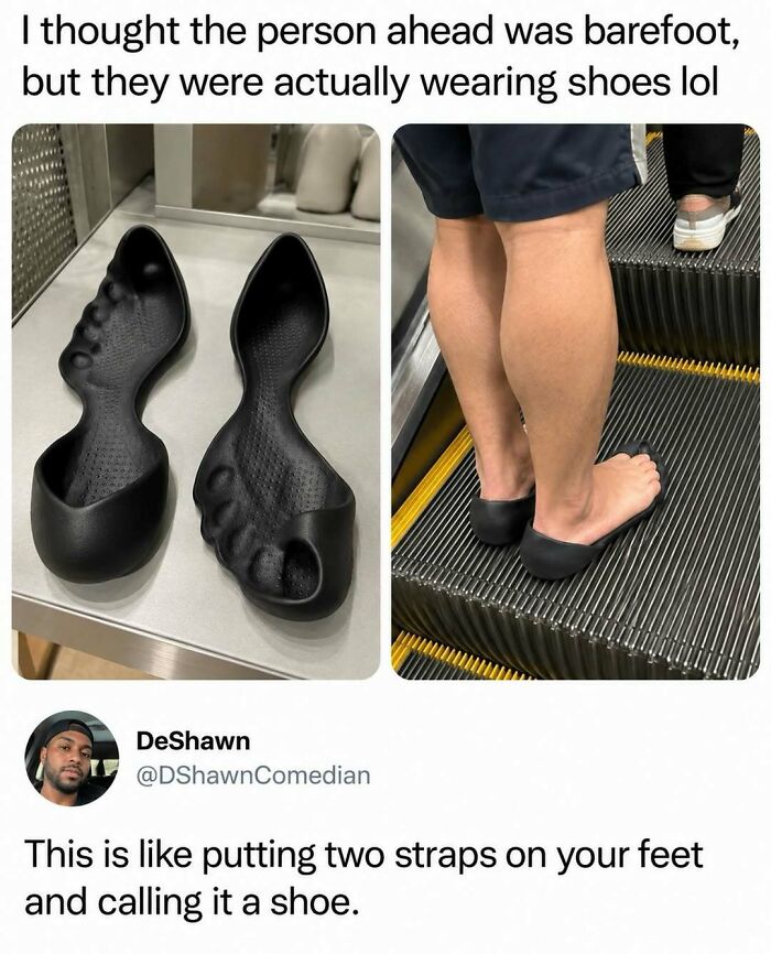 A funny post showcasing black shoes shaped like bare feet on an escalator.
