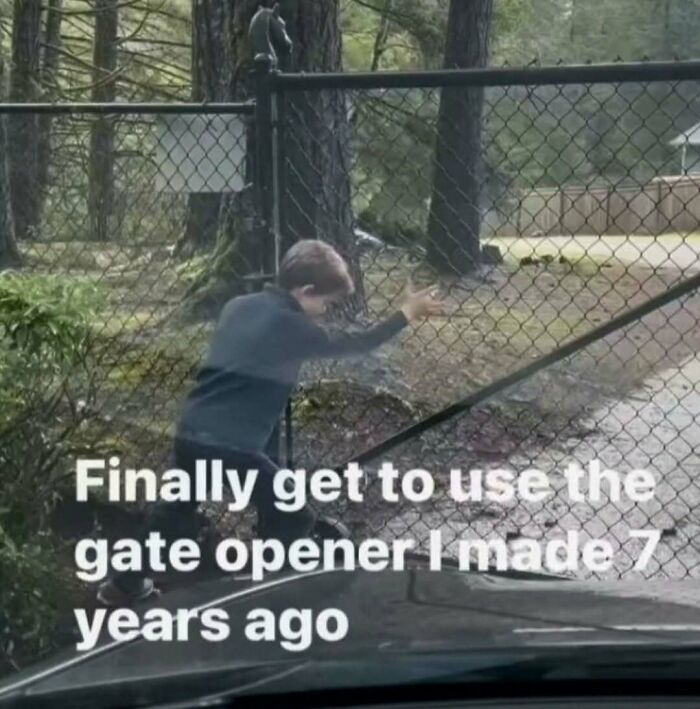 Amusing posts showing a boy opening a fence gate while standing on a car.