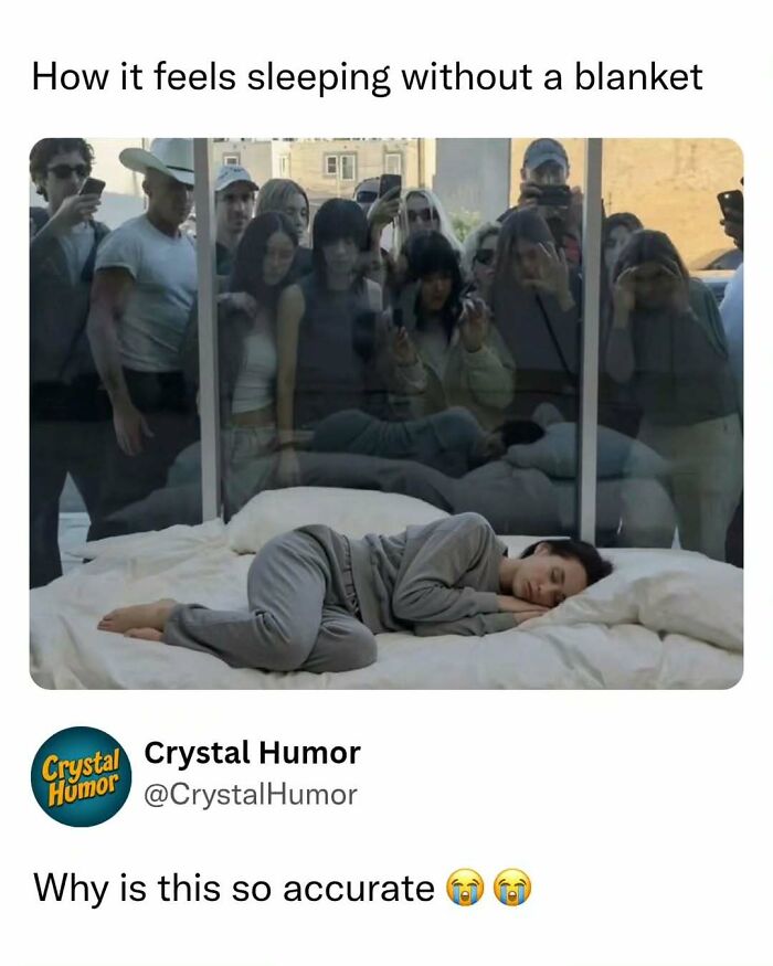 Relatable meme showing a person sleeping without a blanket watched by a crowd, perfect for sending memes to friends.