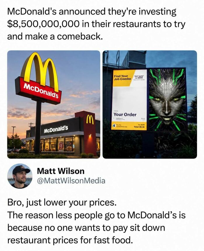 Fun posts screenshot about McDonald's multi-billion dollar investment and a funny reply about fast food prices
