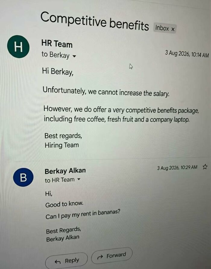 Witty office humor meme showing an HR email about benefits and rent in bananas.