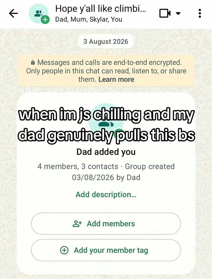 A WhatsApp screenshot about family chats depicting relatable funny memes