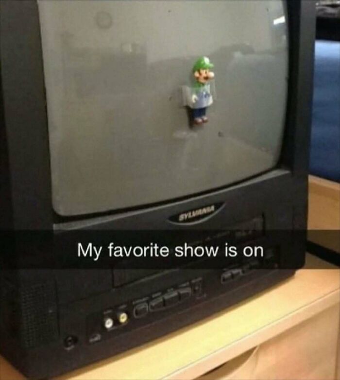 A small Luigi figurine taped to an old television screen featured in hilarious pics.