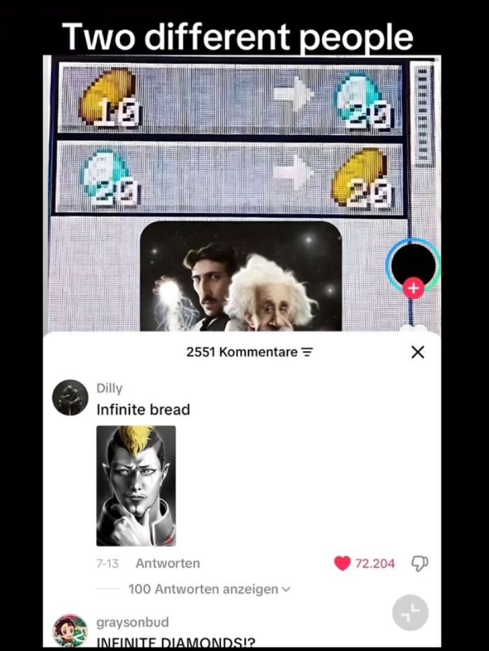 Funny meme about in-game trading glitch featuring Nikola Tesla and Albert Einstein