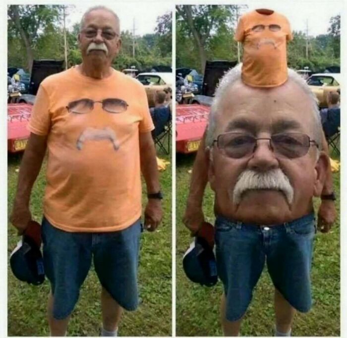 A side-by-side comparison meme showing a man edited to look like his face is on his t-shirt in a hilarious pic
