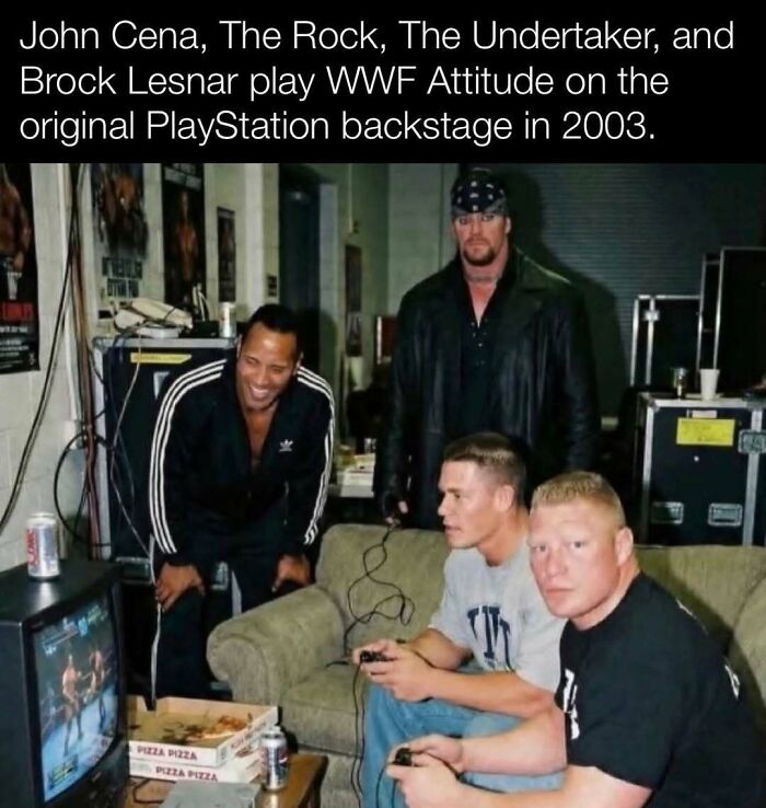 A meme with a fake caption of WWE wrestlers playing video games featured in amusing posts