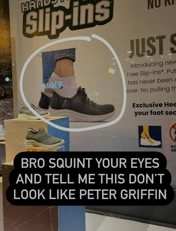 Shoe ad with sock that looks like Peter Griffin in cursed images