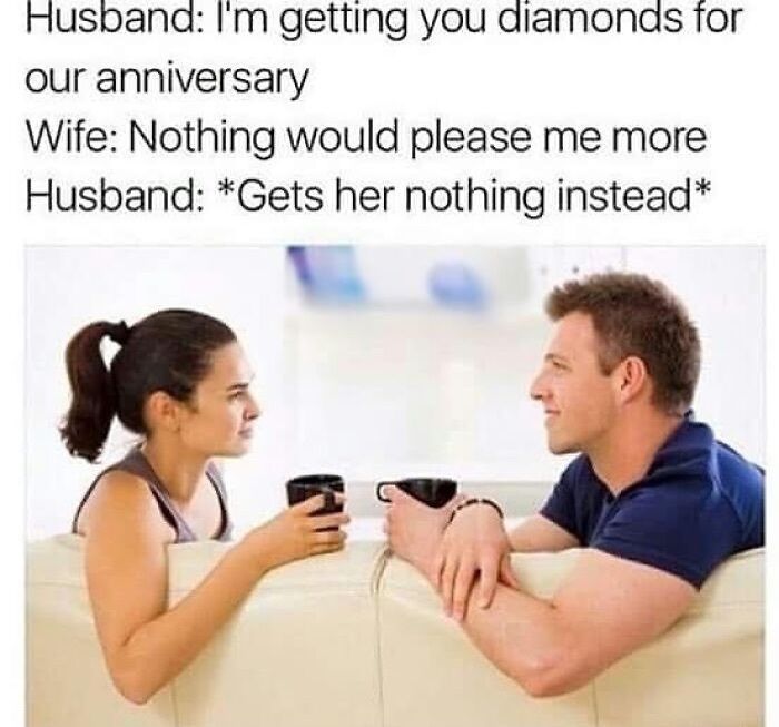 Couple humorously discussing anniversary gifts in relatable meme