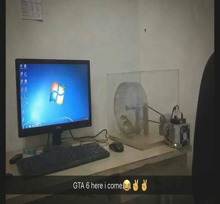 An amusing post showing a computer powered by a hamster wheel setup.