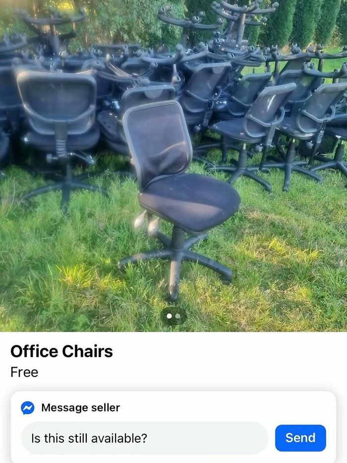 A pile of free office chairs on a lawn highlighting funny memes