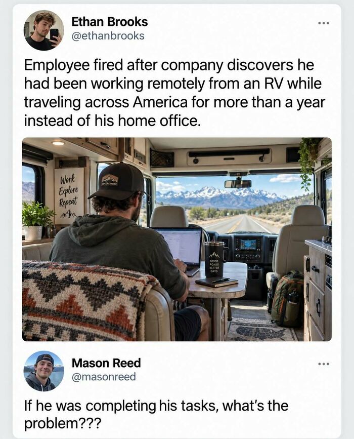 Entertaining posts meme showing a man working remotely on a laptop inside an RV driving down a scenic road