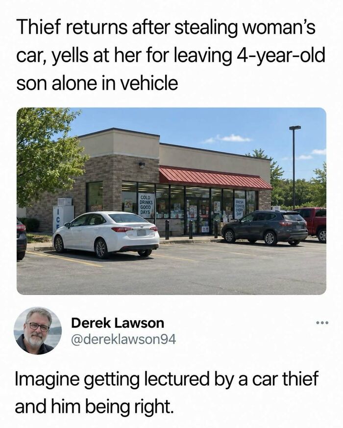 A funny news headline and tweet about a car thief, part of a collection of entertaining posts.