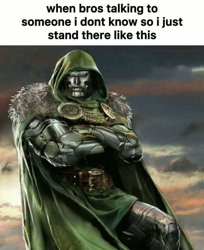 Hilarious pics meme featuring Doctor Doom standing with crossed arms.
