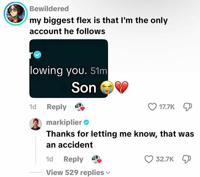 A funny social media meme featuring Markiplier replying to a fan post about him following them